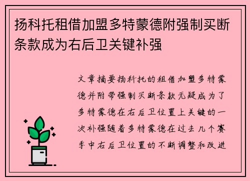 扬科托租借加盟多特蒙德附强制买断条款成为右后卫关键补强 扬科托租借加盟多特蒙德附强制买断条款成为右后卫关键补强